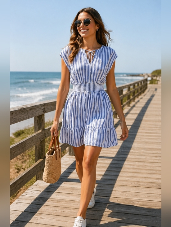 Buffalo David Bitton Dresses & Skirts - Buffalo David Bitton Blue and White 100% Cotton Striped Tie-Neck Dress Sz S/M